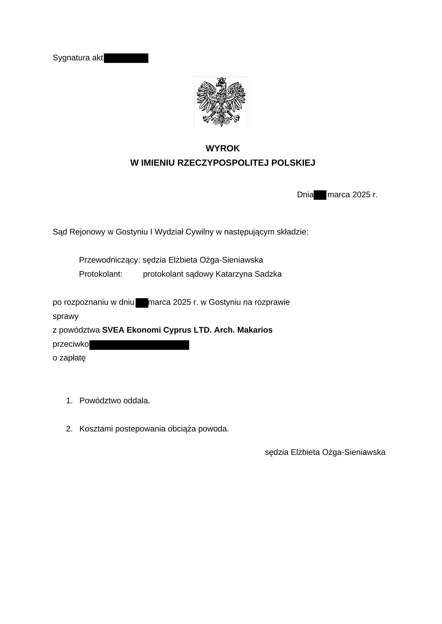 Skan dokumentu: Wyrok Sądu Rejonowego w Gostyniu z 2025 r. w sprawie o zapłatę. Powództwo oddalone, kosztami obciążono powoda. Sygnatura akt, godło Polski.