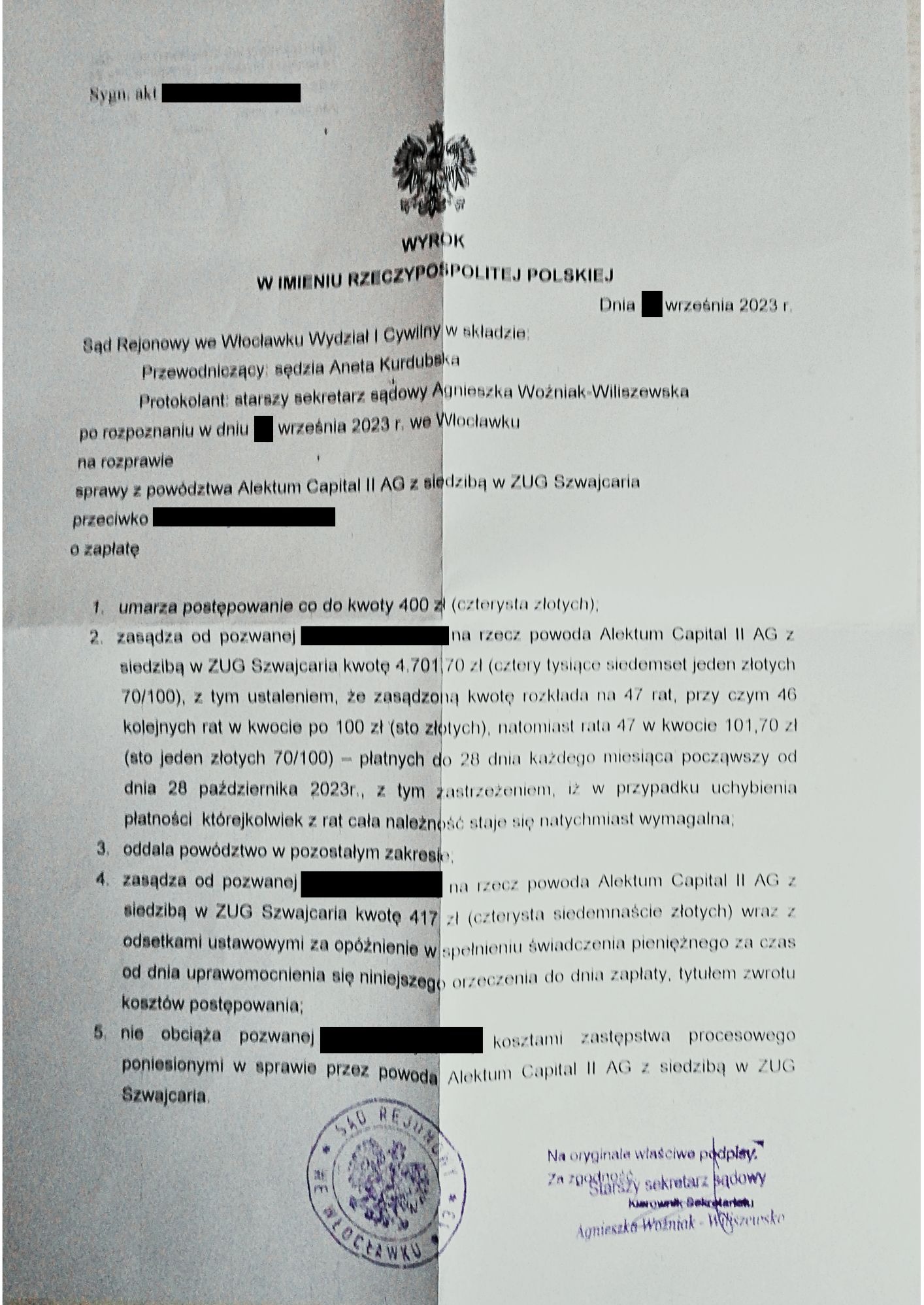 Skan dokumentu sądowego - wyrok Sądu Rejonowego we Włocławku, dotyczący sprawy z powództwa Alektum Capital II AG. Widoczny nagłówek, treść orzeczenia i pieczęć.