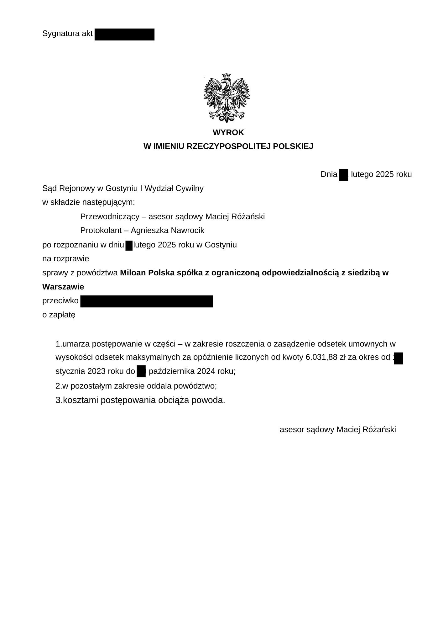 Skan dokumentu sądowego: Wyrok Sądu Rejonowego w Gostyniu z datą luty 2025, dotyczący sprawy z powództwa spółki Miloan Polska o zapłatę. Sygnatura akt widoczna.