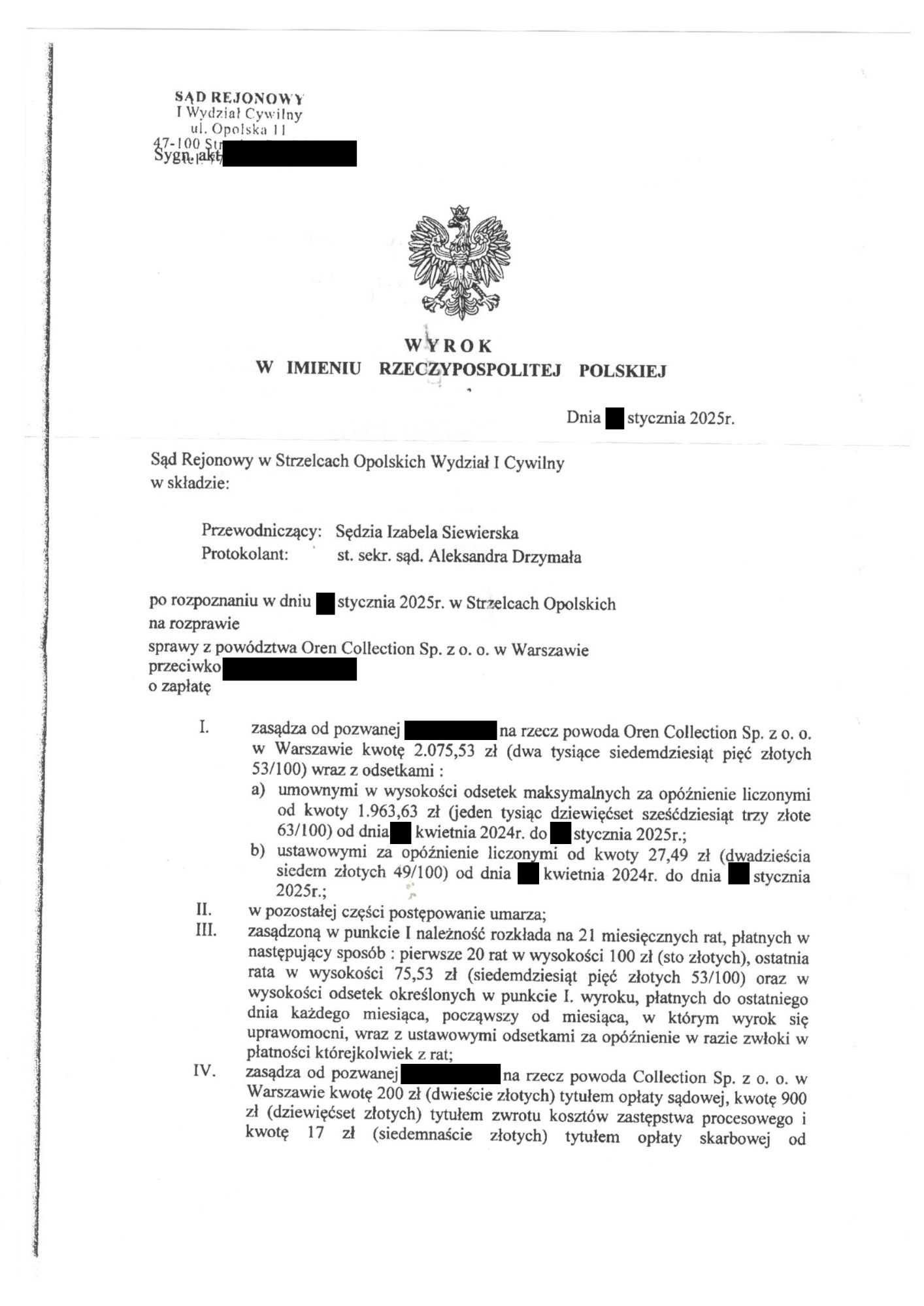 Wyrok sądu z datą styczna 2025 r. dotyczący sprawy o zapłatę. Dokument zawiera informacje o zasądzonych kwotach i odsetkach. Sygnatura akt widoczna w górnej części.