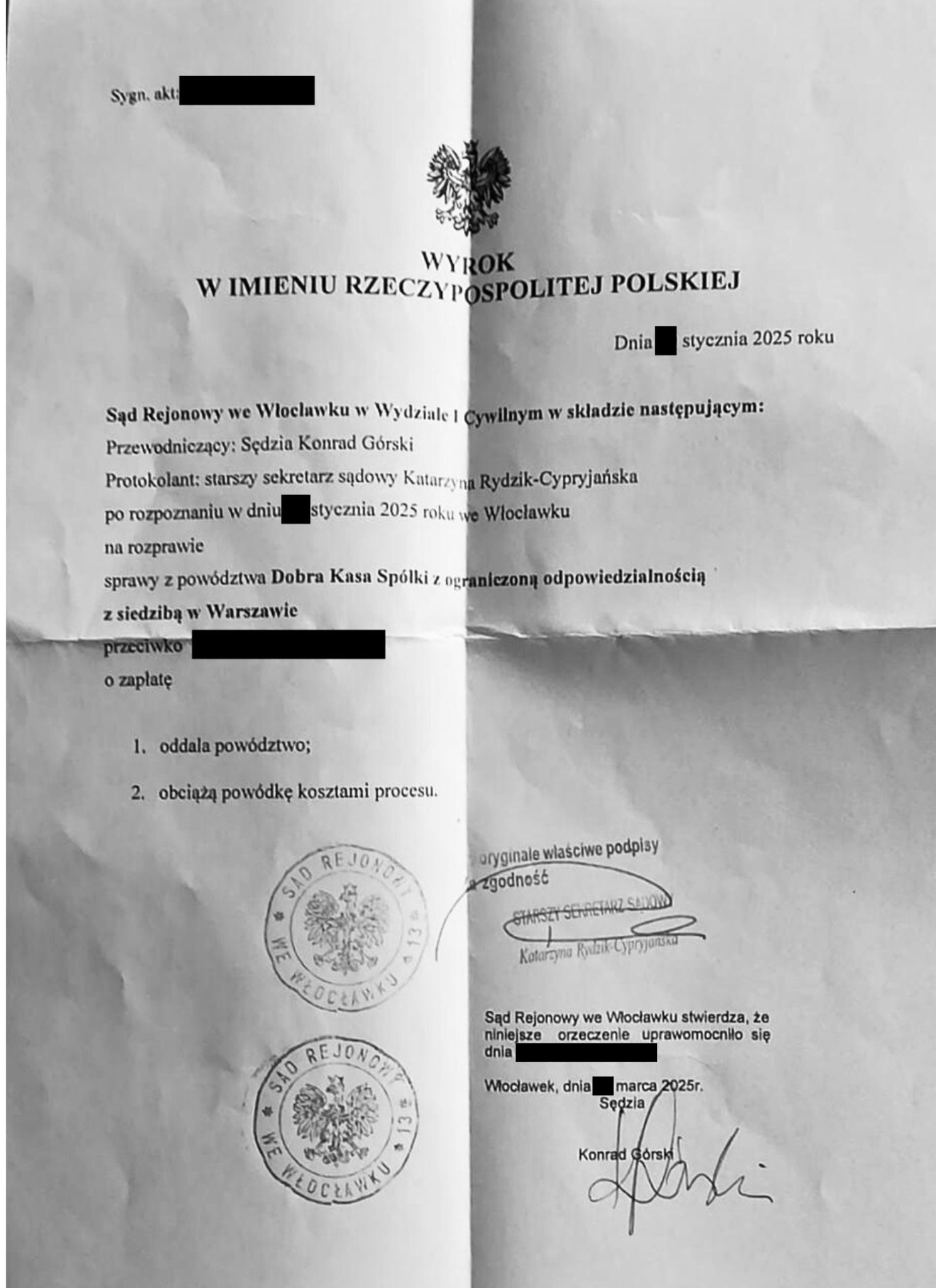 Dokument sądowy: Wyrok Sądu Rejonowego we Włocławku z pieczęciami i podpisami, oddalający powództwo Dobra Kasa Spółki. Sprawa o zapłatę.