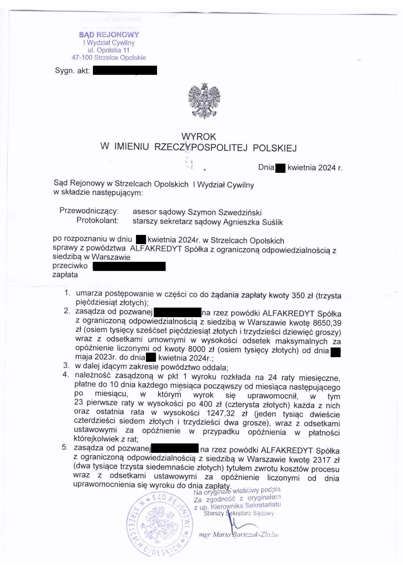 Wyrok sądu z datą kwietnia 2024 r. dotyczący sprawy ALFAKREDYT Spółka. Dokument z pieczęcią sądu i podpisem sekretarza sądowego.