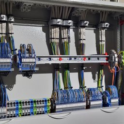Elektroiq Michał Wilczyński - Rozdzielnia elektryczna z precyzyjnie ułożonymi przewodami oznaczonymi etykietami, zamontowana w metalowej obudowie. Widoczne złącza i listwy montażowe.