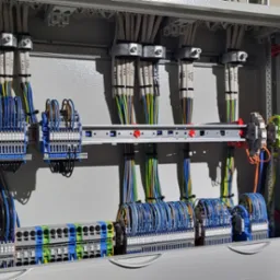 Rozdzielnia elektryczna z precyzyjnie ułożonymi przewodami oznaczonymi etykietami, zamontowana w metalowej obudowie. Widoczne złącza i listwy montażowe.