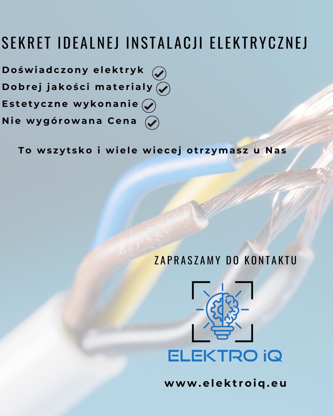 Reklama firmy Elektro IQ: przewód elektryczny, logo firmy, hasła o jakości i doświadczeniu. Zaproszenie do kontaktu, adres strony internetowej.