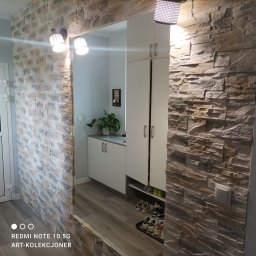F.H.U. DARIUSZ RAKOWSKI - Przedpokój z dekoracyjną ścianą z kamienia elewacyjnego, oświetleniem punktowym i szafką na buty, widok przez lustro na wnętrze z rośliną doniczkową.