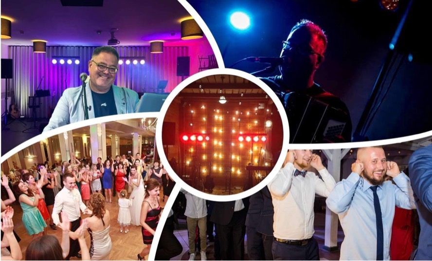 Kompozycja z ujęciami z imprezy: DJ z laptopem, parkiet taneczny z bawiącymi się gośćmi, wokalista w niebieskim oświetleniu z akordeonem, scena z oświetleniem, uśmiechnięci goście z zatyczkami...