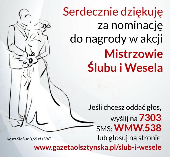 Grafika z podziękowaniem za nominację w akcji Mistrzowie Ślubu i Wesela, przedstawiająca stylizowany rysunek pary młodej oraz informacje o głosowaniu SMS i adres strony internetowej.