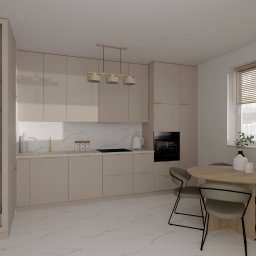 Pracownia Ładne Rzeczy Karolina Szczepanik - Beżowa kuchnia z marmurowym blatem i okrągłym stołem. Minimalistyczny design z akcentami złota. Przeszklona witryna z naczyniami. Jasne wnętrze, nowoczesny styl.