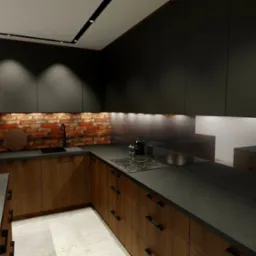 Nowoczesna kuchnia z czarnymi szafkami i drewnianymi frontami, ceglana ściana, oświetlenie podszafkowe i zioła w doniczkach na blacie. Minimalistyczny design.