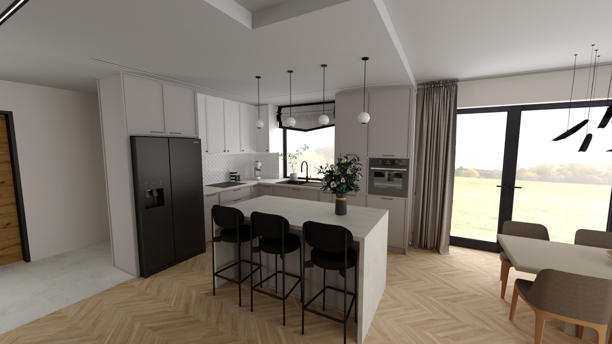 Wizualizacja nowoczesnej kuchni z wyspą i czarnymi hokerami, jasnymi szafkami, dużym oknem z widokiem na zewnątrz oraz parkietem ułożonym we wzór jodełki.