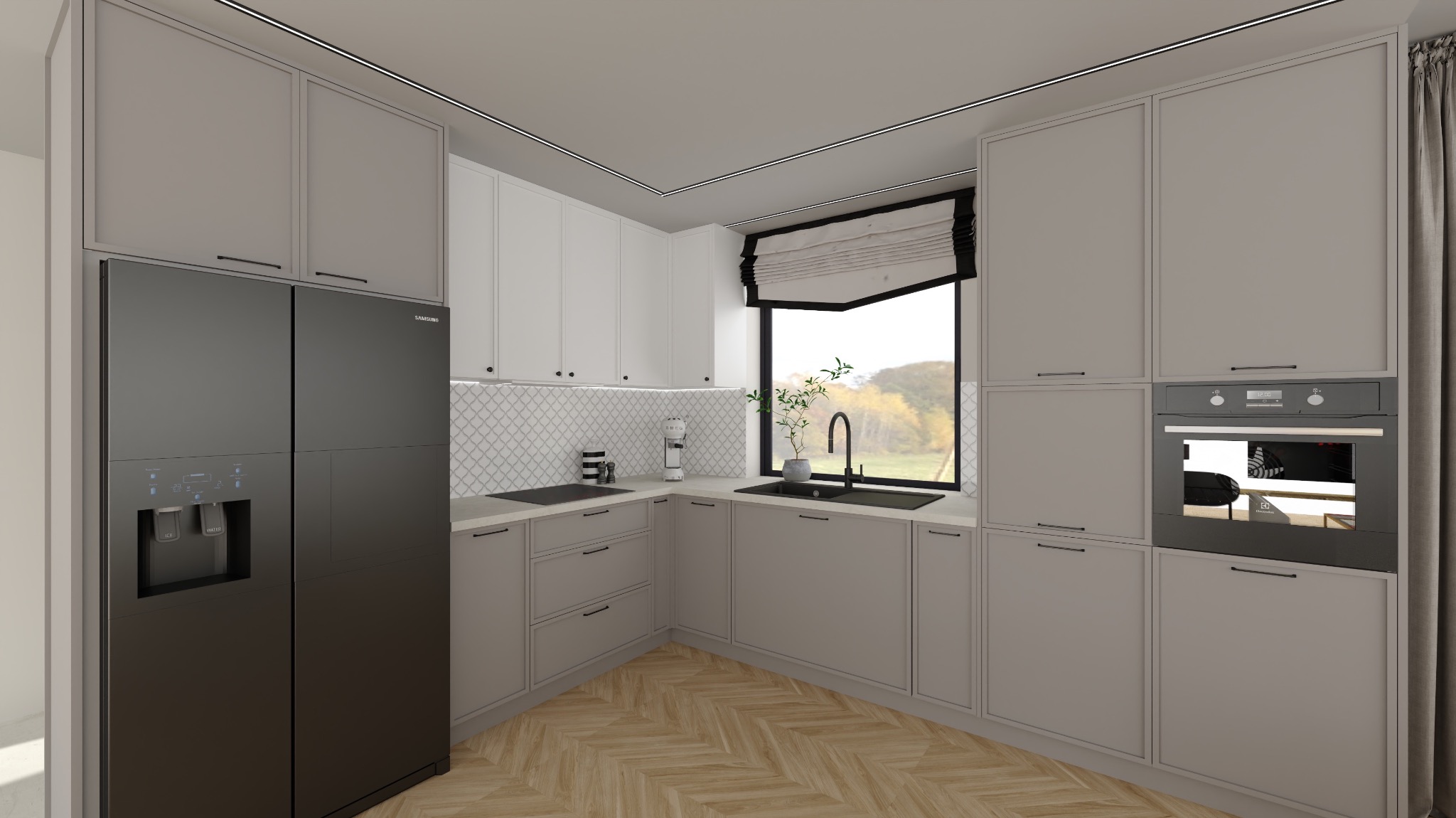 Elegancka kuchnia w odcieniach szarości i bieli. Nowoczesne szafki, czarny sprzęt AGD (lodówka Samsung, piekarnik Electrolux) i drewniana podłoga tworzą spójną całość.