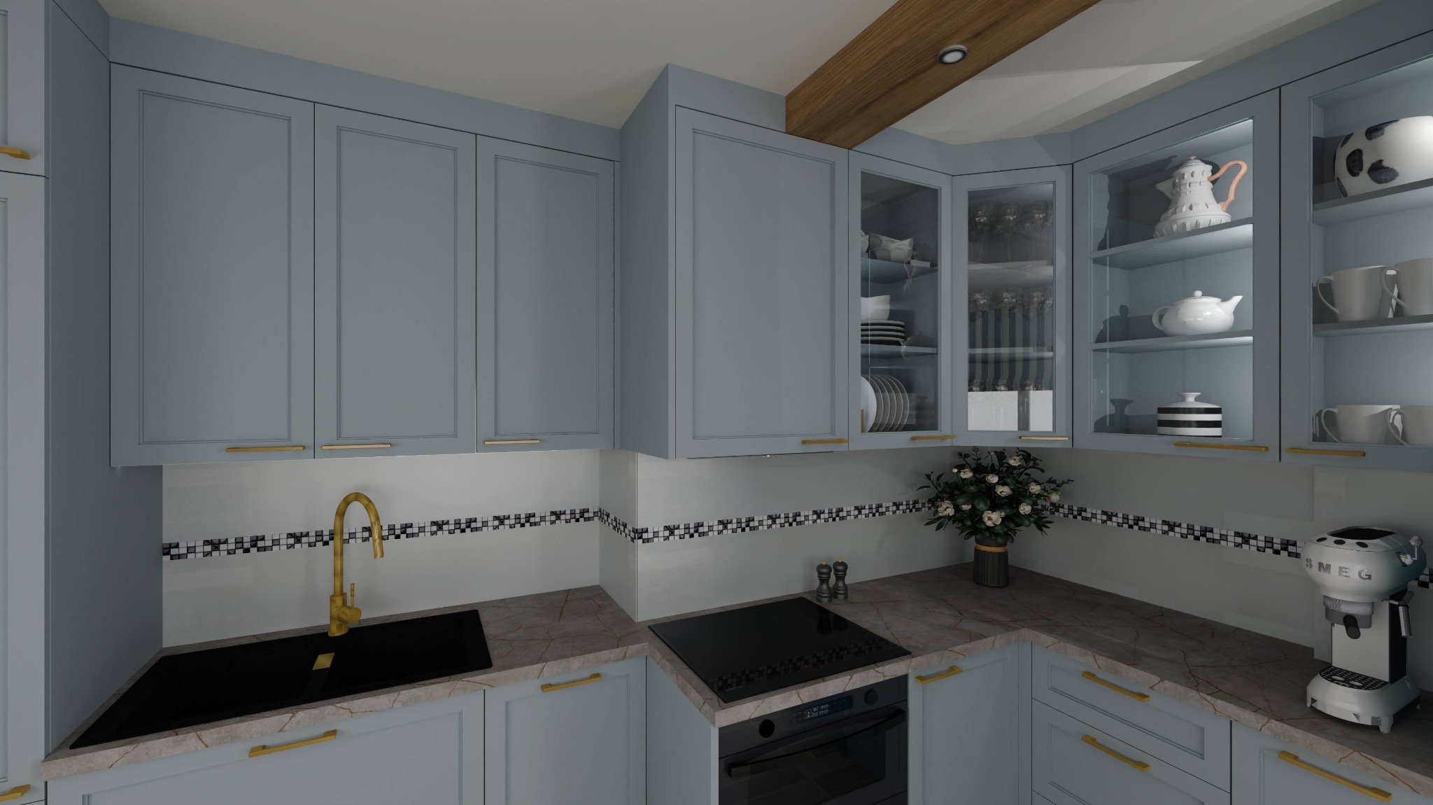 Błękitna kuchnia z drewnianą belką stropową. Szafki z gładkimi frontami i złotymi uchwytami. Szklane witryny eksponują naczynia. Marmurowy blat, złota bateria.