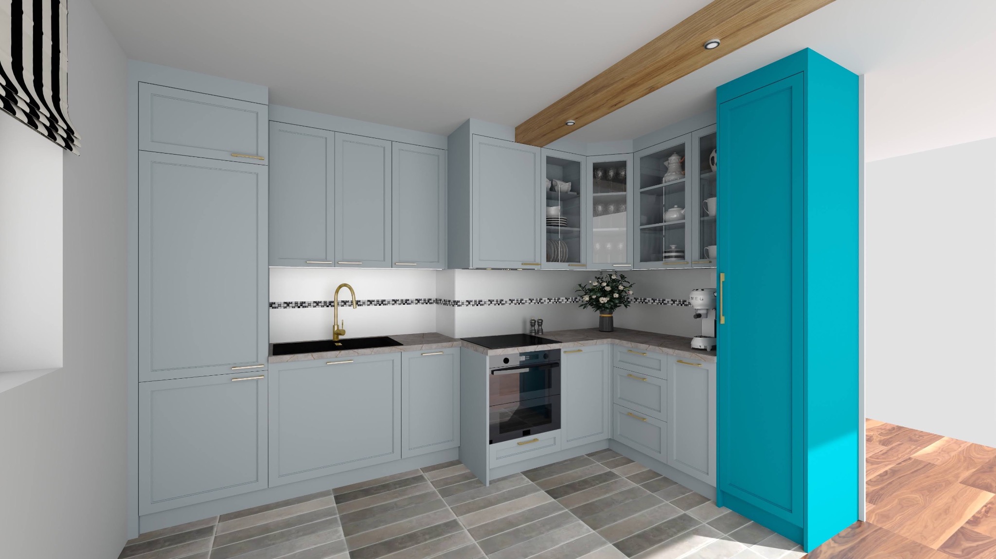 Jasna kuchnia w stylu klasycznym: błękitne szafki z frezowanymi frontami, złota armatura, mozaika nad blatem i turkusowy słupek. Drewniany strop dodaje ciepła.