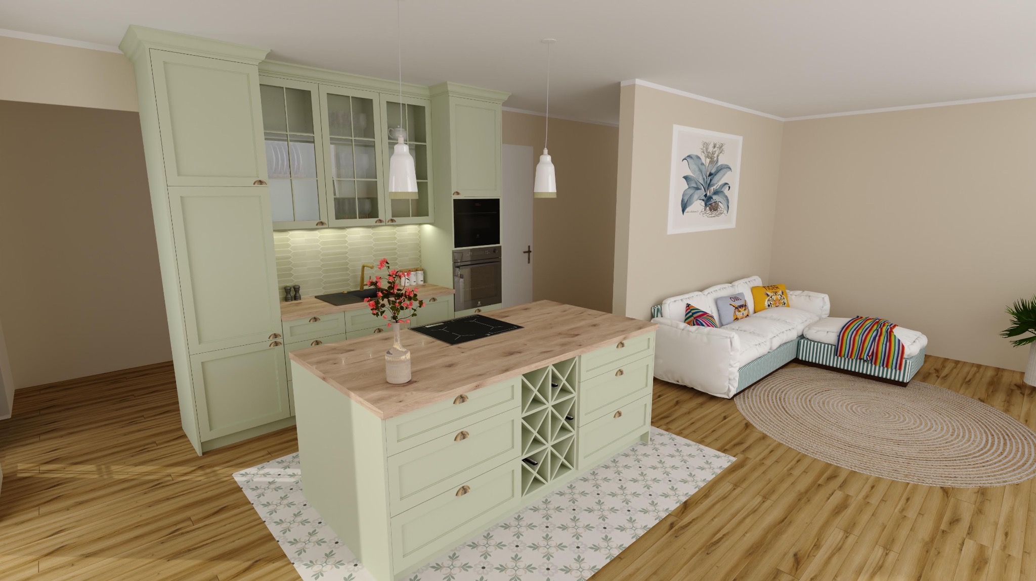 Jasna, pistacjowa kuchnia z wyspą i drewnianym blatem, widoczna z perspektywy salonu z sofą i okrągłym dywanem. Minimalistyczne lampy wiszące nad wyspą.