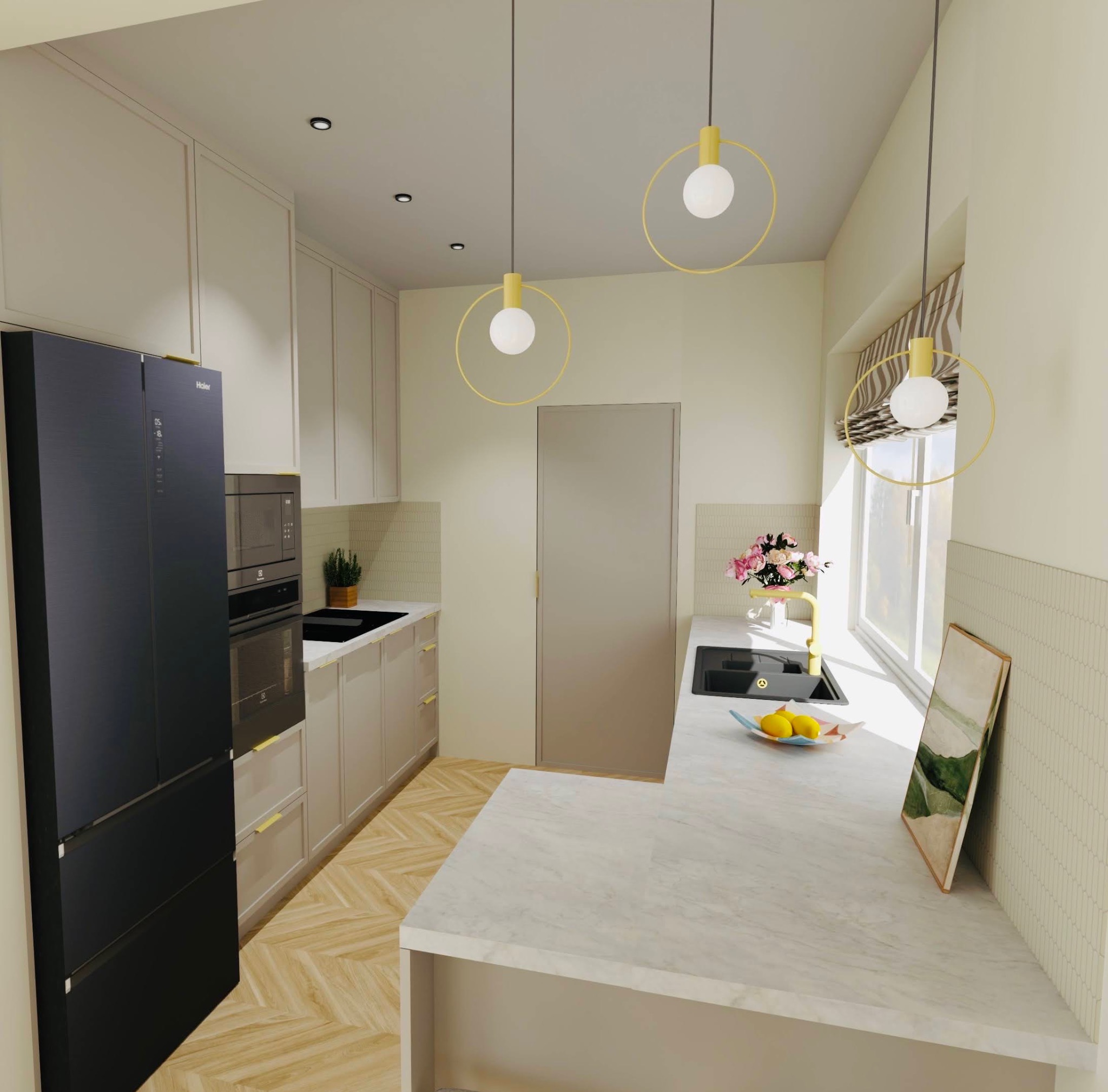 Jasna kuchnia z drewnianą podłogą w jodełkę, okrągłymi lampami i czarną lodówką Haier. Na blacie leżą cytryny. W tle okno z roletą.