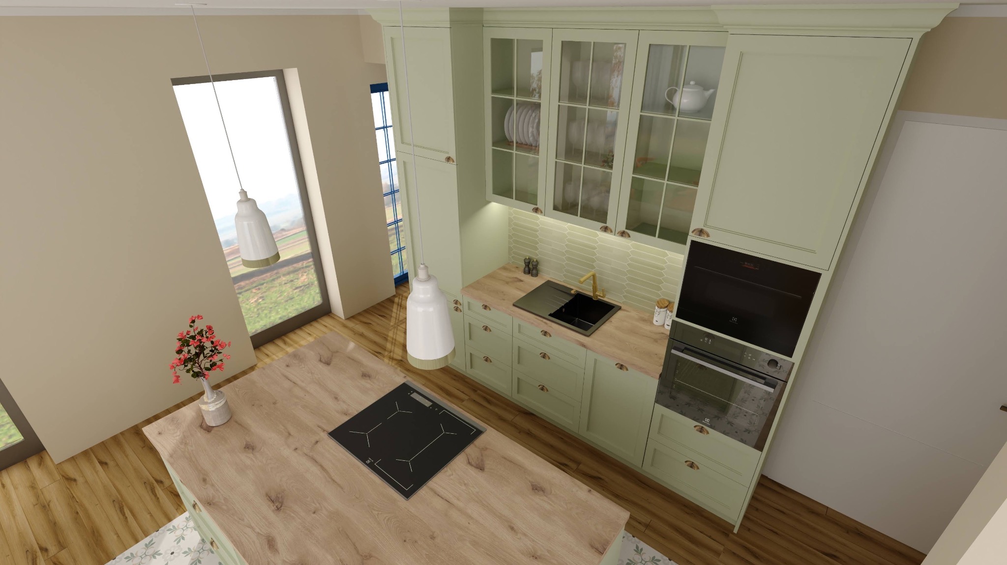 Jasna, pistacjowa kuchnia z wyspą i płytą indukcyjną w Garwolinie. Ujęcie z góry, podkreślające przestronność i nowoczesny design. Widoczne detale: szkło w szafkach.