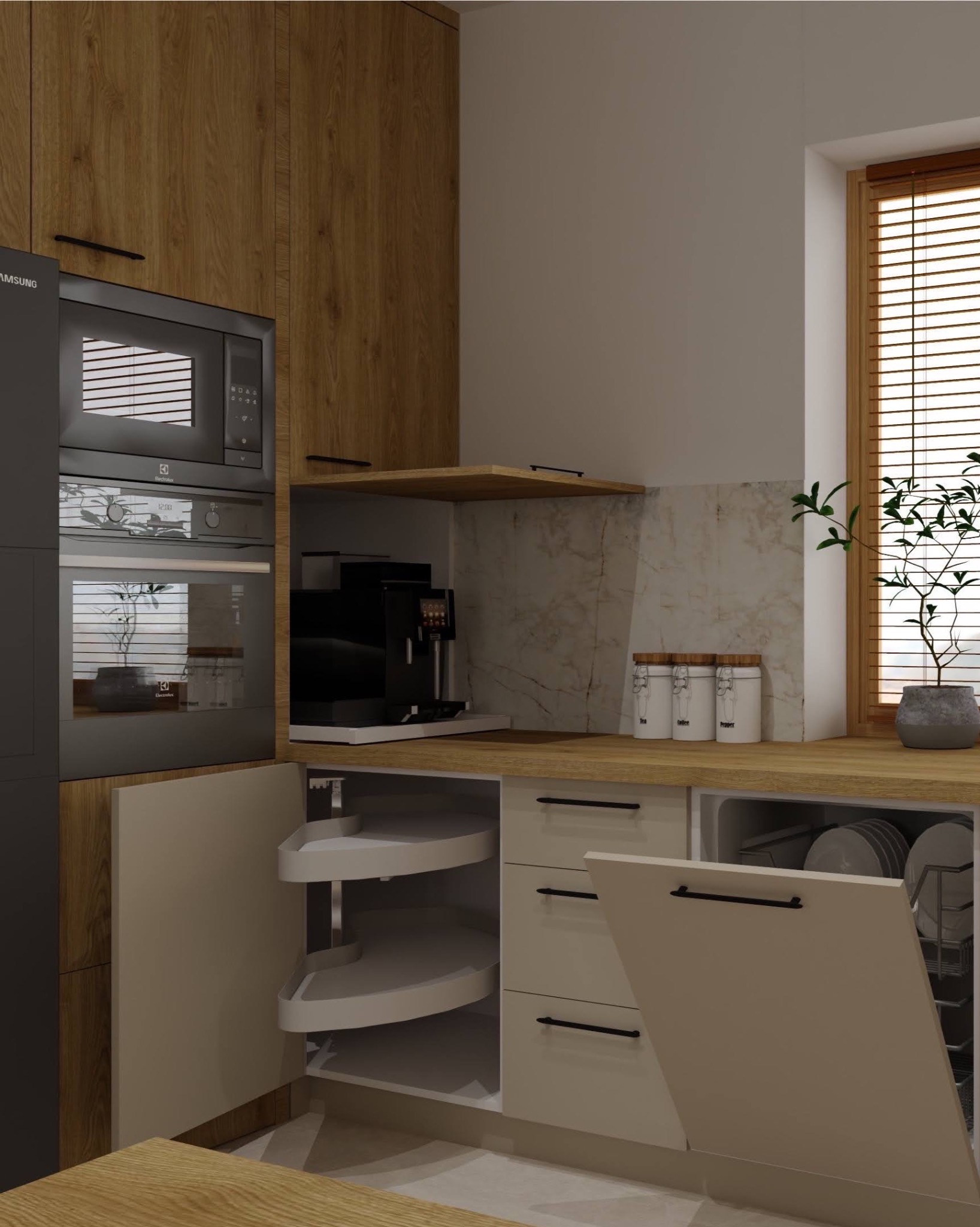 Nowoczesna kuchnia z drewnianymi frontami, piekarnikiem i mikrofalówką w zabudowie, narożną szafką z półkami obrotowymi i zmywarką. Marmurowy panel nad blatem.