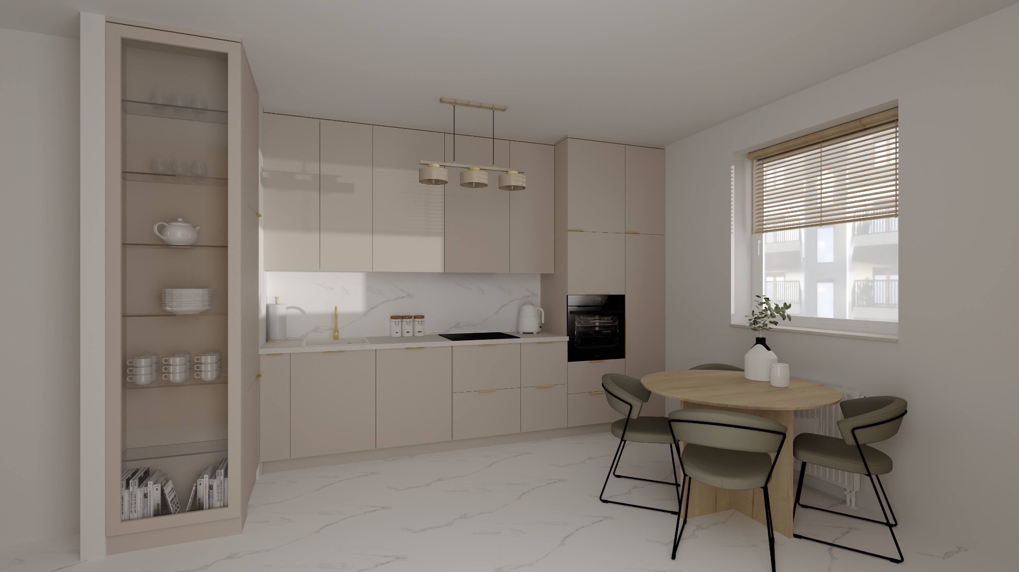 Beżowa kuchnia z marmurowym blatem i okrągłym stołem. Minimalistyczny design z akcentami złota. Przeszklona witryna z naczyniami. Jasne wnętrze, nowoczesny styl.