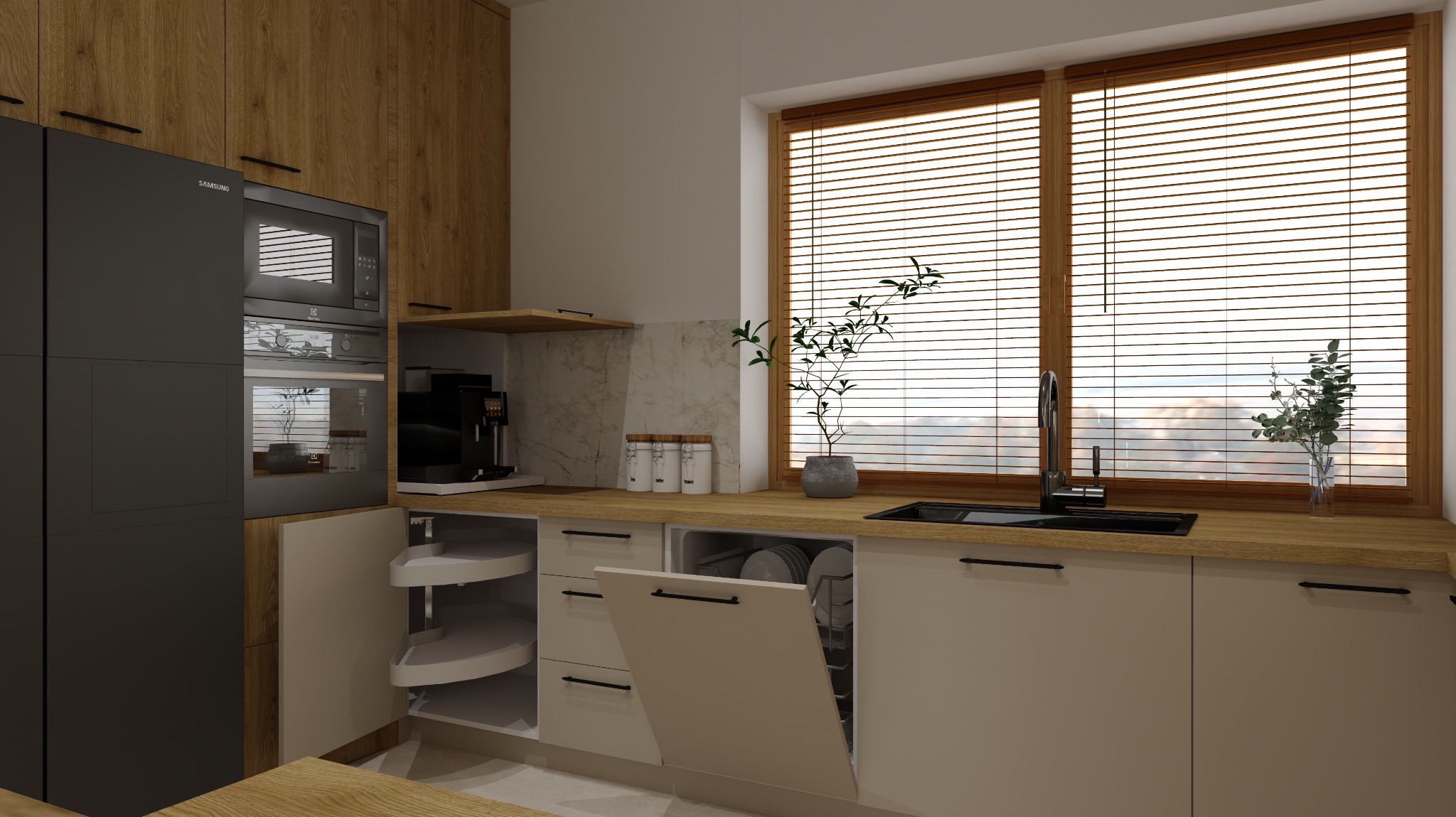 Nowoczesna kuchnia z drewnianymi akcentami, czarnym zlewem i sprzętem AGD. Otwarta szafka narożna z półkami obrotowymi. Rośliny w oknie z żaluzjami.