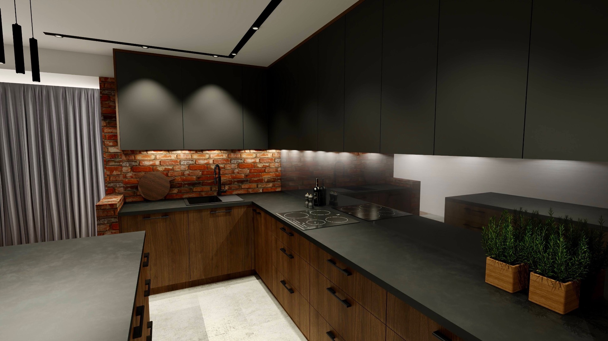 Nowoczesna kuchnia z czarnymi szafkami i drewnianymi frontami, ceglana ściana, oświetlenie podszafkowe i zioła w doniczkach na blacie. Minimalistyczny design.