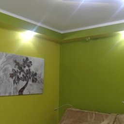 Usługi budowlane Wladysław Kliatskyi - Pomalowane na limonkowo ściany w pokoju z obrazem drzewa, widoczny fragment sufitu z oświetleniem punktowym i fragment mebla.