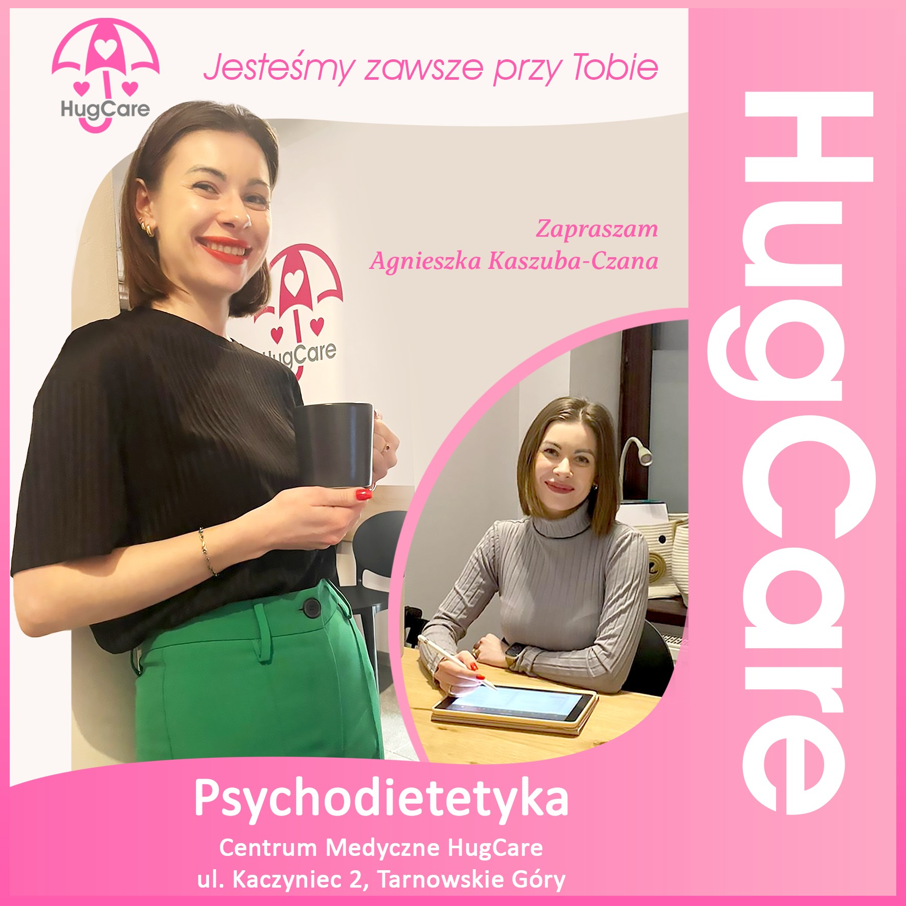 Portret kobiety w czarnej bluzce i zielonych spodniach, trzymającej czarny kubek, obok wizerunku innej kobiety pracującej na tablecie, całość w otoczeniu logo i informacji o psychodietetyce...