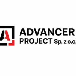 Logo firmy Advancer Project Sp. z o.o. z czarnym kwadratem i czerwoną literą A. Nazwa firmy w czerni obok logotypu na białym tle.
