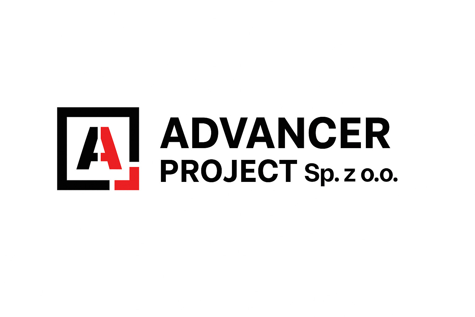 Logo firmy Advancer Project Sp. z o.o. z czarnym kwadratem i czerwoną literą A. Nazwa firmy w czerni obok logotypu na białym tle.