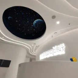 Recepcja w nowoczesnym biurze z podświetlanym logo 'MISTODENT SPACE' i sufitem z motywem kosmosu, oświetlenie LED wzdłuż zakrzywionych ścian.