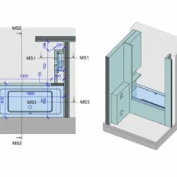 Schemat techniczny łazienki z wymiarami w rzucie i perspektywie, prezentujący układ wanny i obudowy ścian.