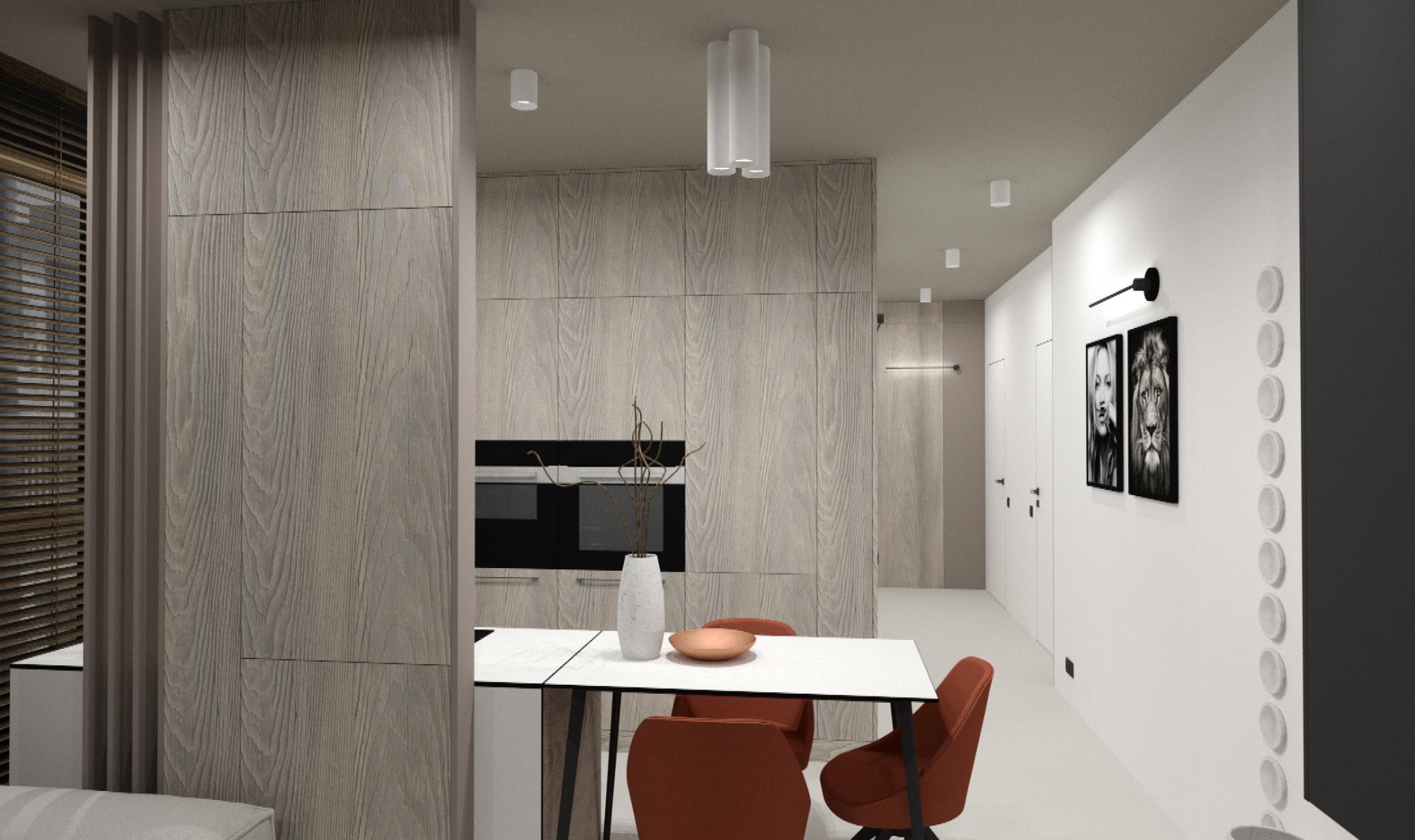 Wizualizacja nowoczesnej kuchni z jadalnią w Piasecznie. Jasne drewniane fronty zabudowy kuchennej, biały stół z pomarańczowymi krzesłami, minimalistyczne oświetlenie i dekoracje ścienne.