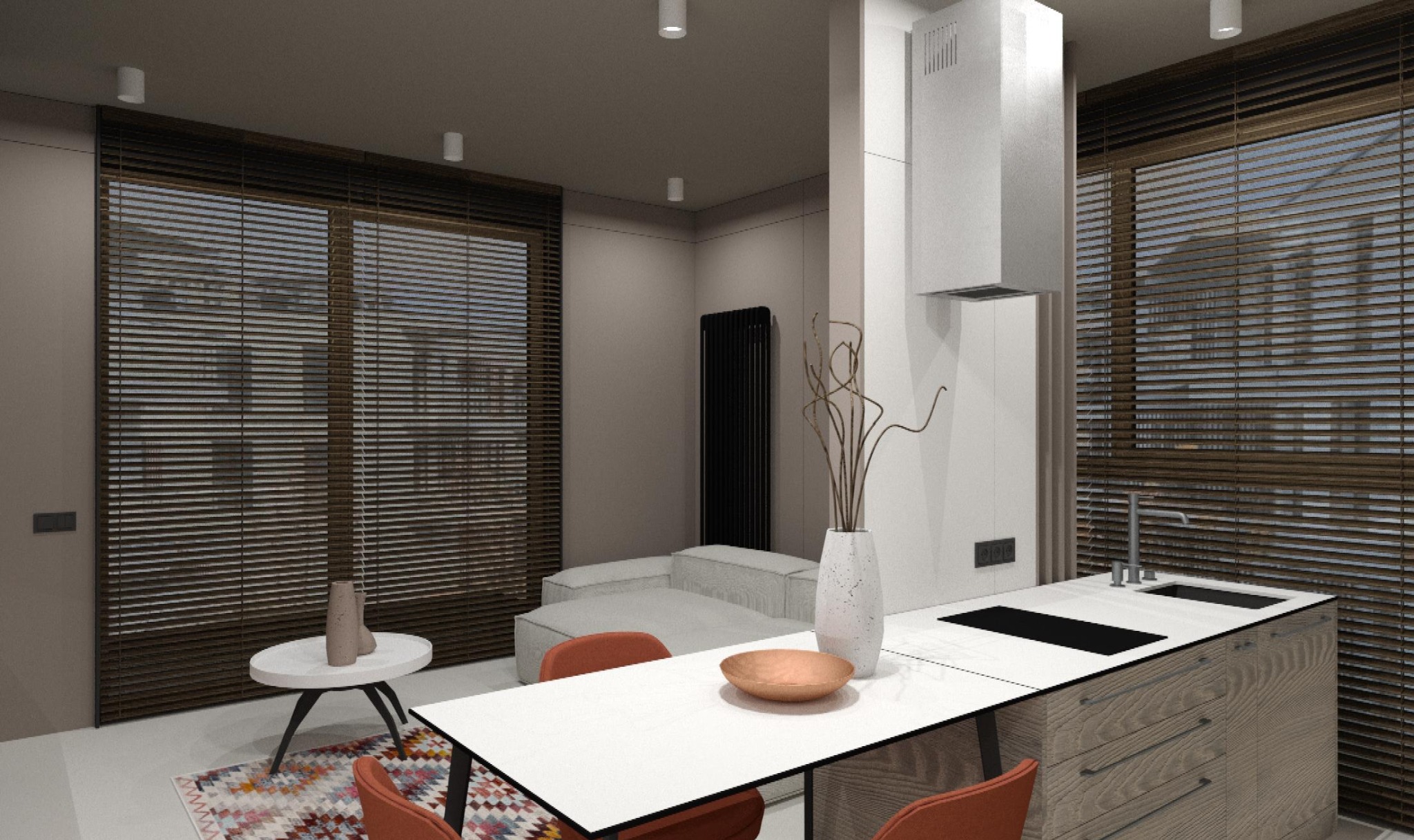 Wizualizacja nowoczesnego wnętrza z otwartą kuchnią, drewnianymi żaluzjami w oknach i minimalistycznym wystrojem, obejmująca wyspę kuchenną z białym blatem oraz stół z pomarańczowymi krzesłami.