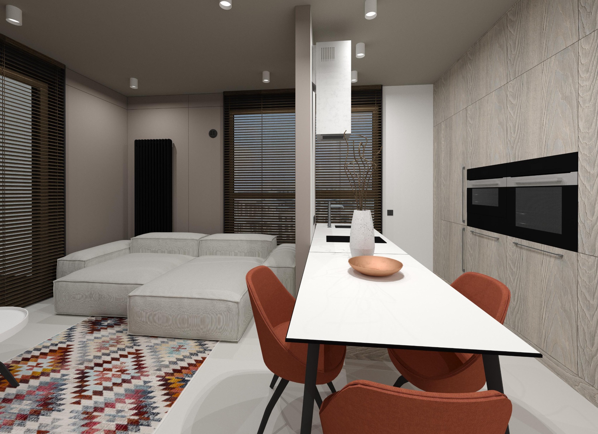 Wizualizacja nowoczesnego wnętrza: salon z modułową sofą, kolorowy dywan i kuchnia z białym blatem, drewnianymi szafkami i pomarańczowymi krzesłami.