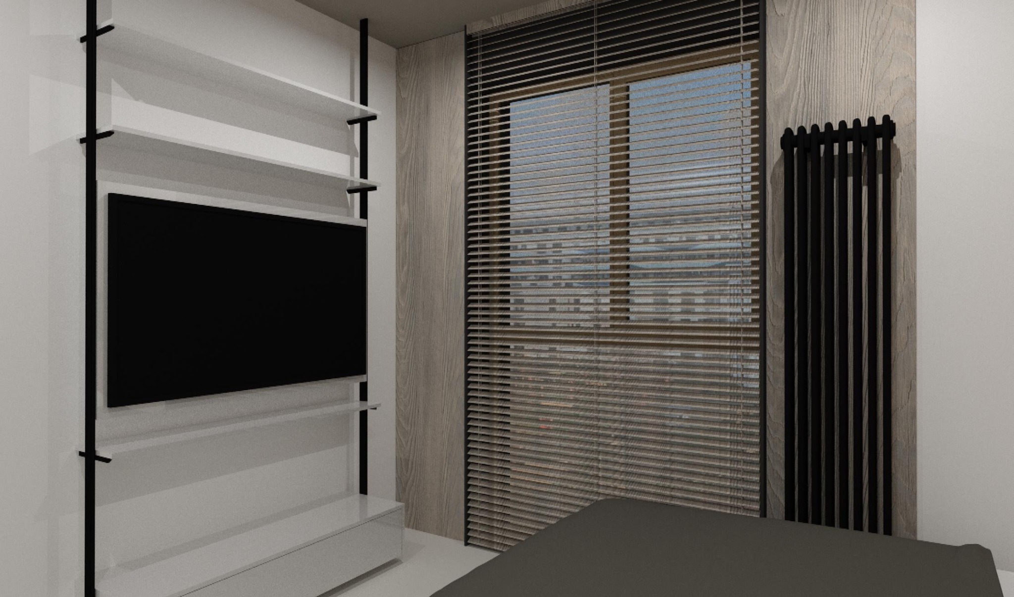 Wizualizacja sypialni z minimalistyczną zabudową ściany telewizyjnej z półkami i szafką RTV, okno z żaluzjami i czarny grzejnik żeberkowy w drewnianej obudowie.