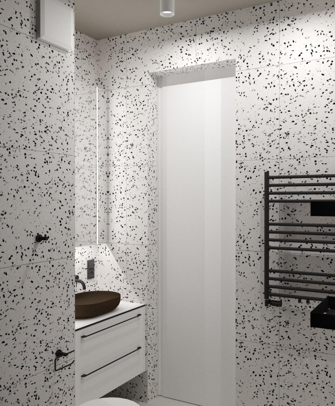 Wizualizacja łazienki z białymi płytkami lastryko, brązową umywalką nablatową i czarnym grzejnikiem drabinkowym.