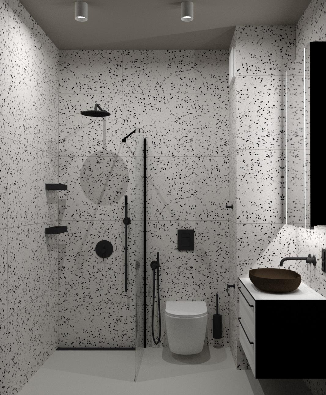 Nowoczesna łazienka z białymi płytkami w czarne kropki, czarną armaturą i umywalką w kolorze ciemnego drewna, oświetlenie punktowe sufitowe.