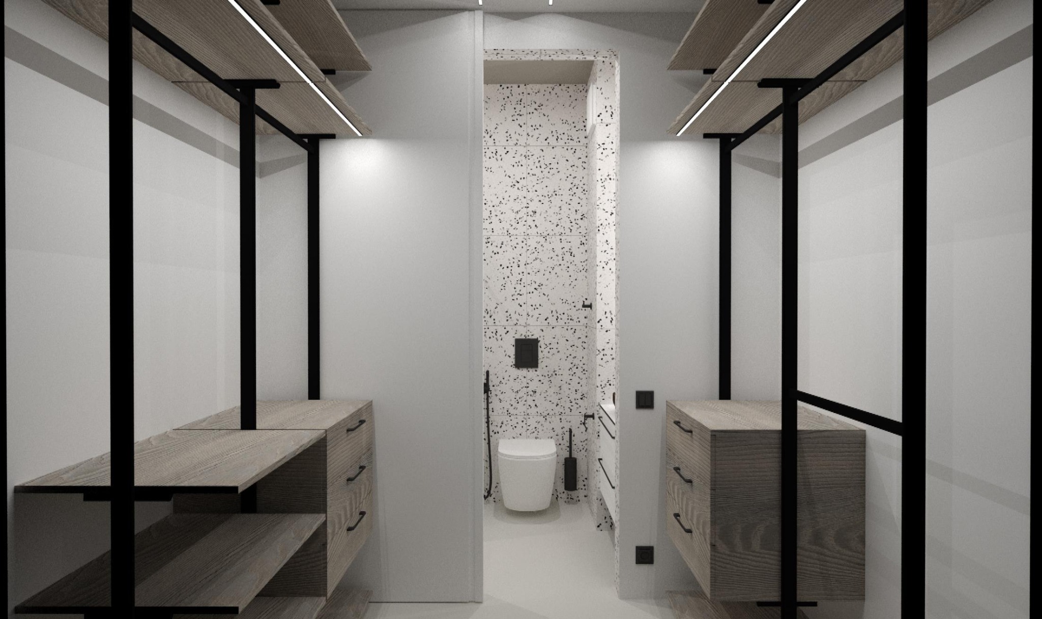 Wnętrze garderoby z zabudową w kolorze drewna i czarnymi metalowymi elementami konstrukcyjnymi; w tle widoczna łazienka z biało-czarnymi płytkami.