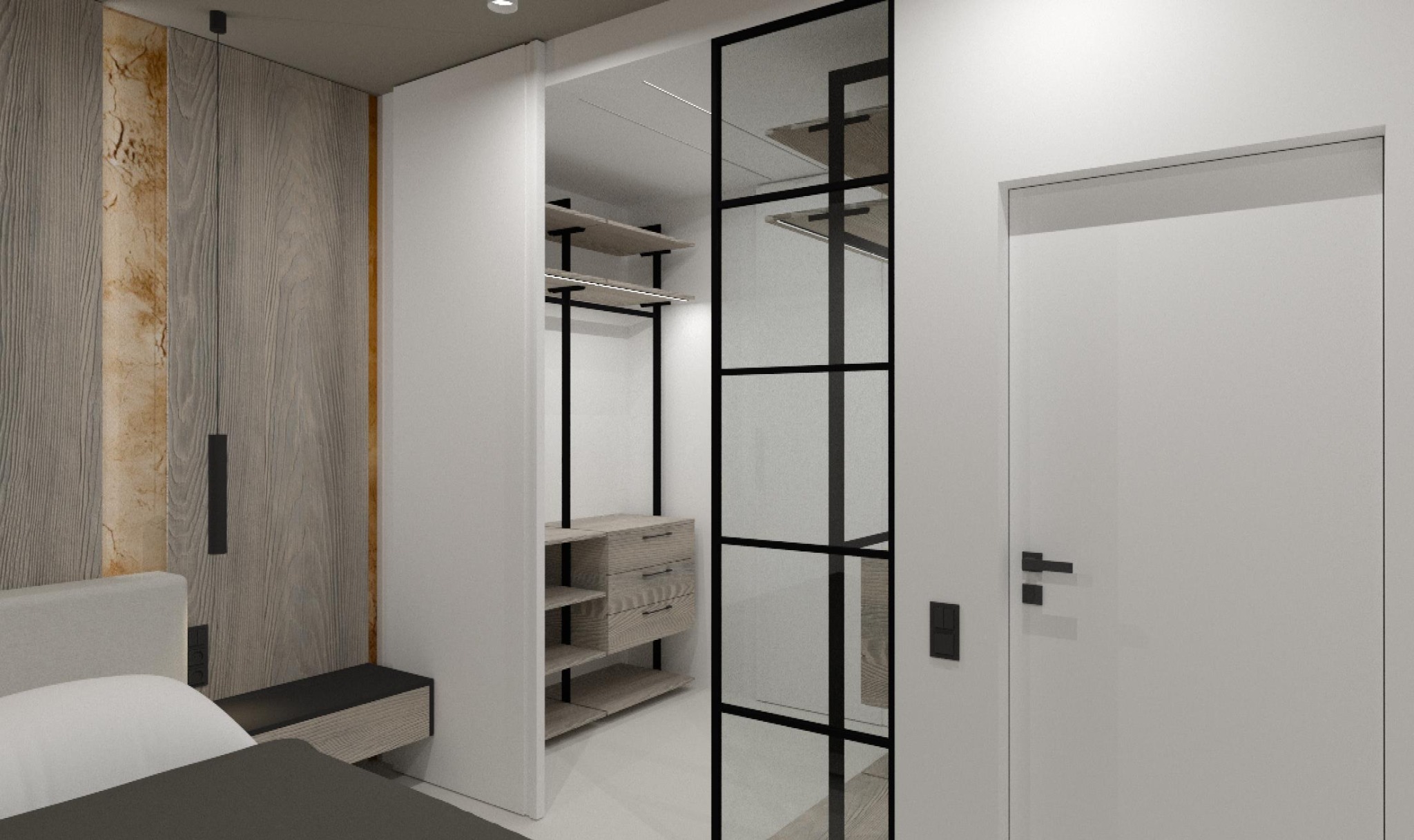 Sypialnia z widokiem na garderobę przez szklane drzwi przesuwne z czarnymi profilami, drewniana zabudowa z szafkami nocnymi i oświetleniem punktowym.