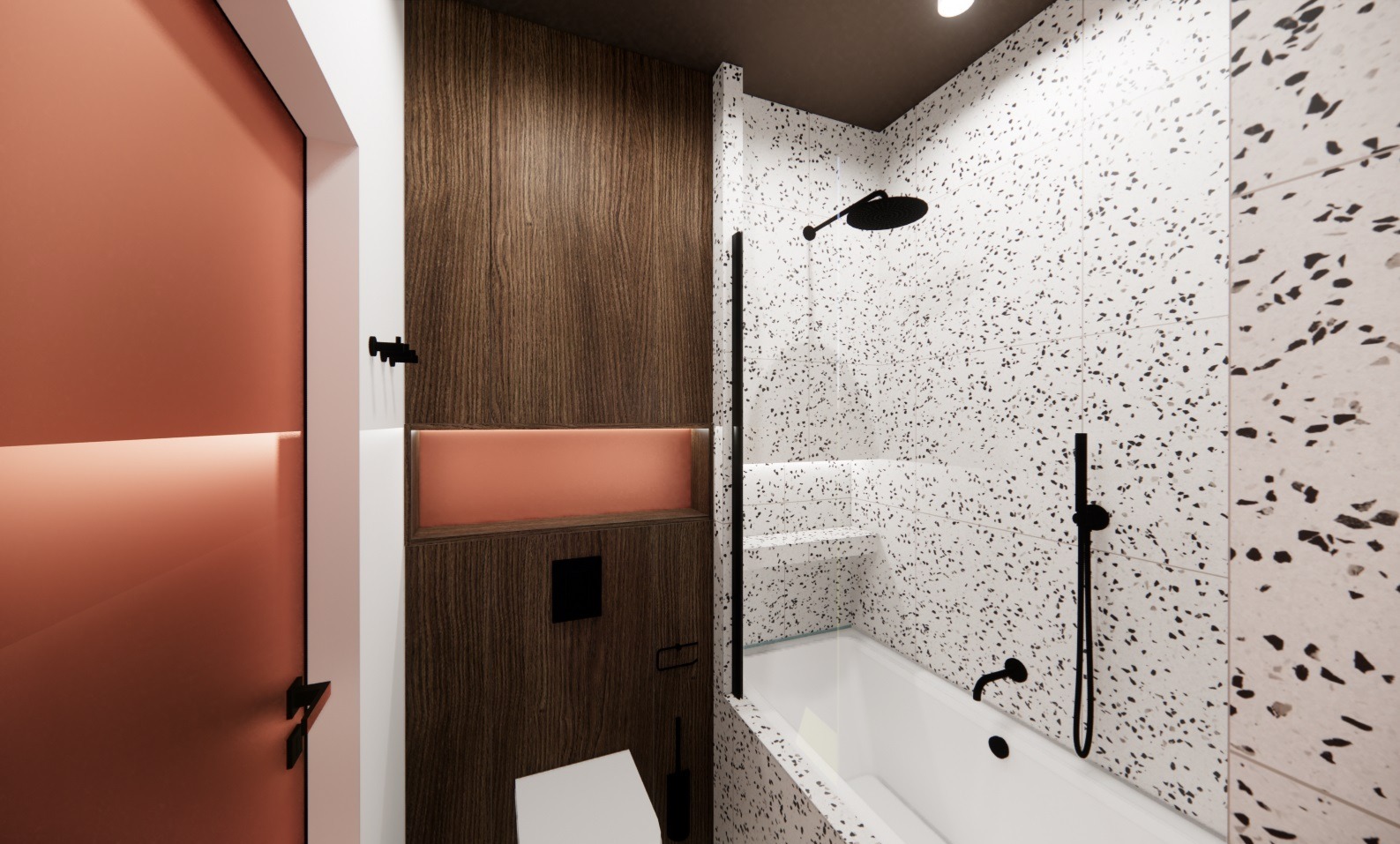 Nowoczesna łazienka z drewnianą zabudową, oświetloną niszą w kolorze miedzianym, białą wanną i mozaikową ścianą z czarnymi elementami.