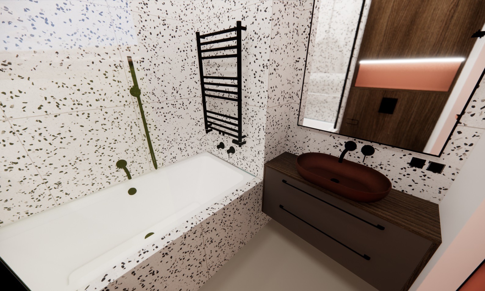 Nowoczesna łazienka z wanną, brązową umywalką nablatową i grzejnikiem drabinkowym na tle ścian wykończonych płytkami w biało-czarne plamki.