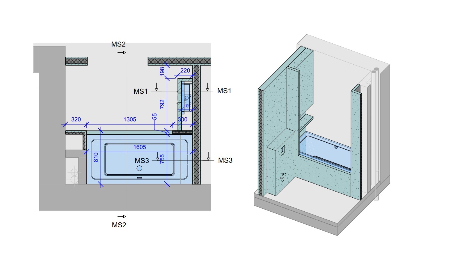 Schemat techniczny łazienki z wymiarami w rzucie i perspektywie, prezentujący układ wanny i obudowy ścian.