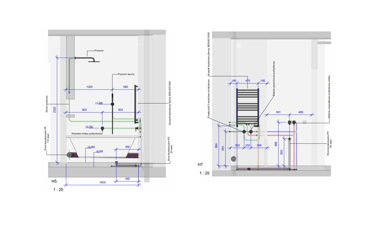 Rzut techniczny łazienki z wymiarami, pokazujący rozmieszczenie prysznica podtynkowego, grzejnika łazienkowego i instalacji wodno-kanalizacyjnej.