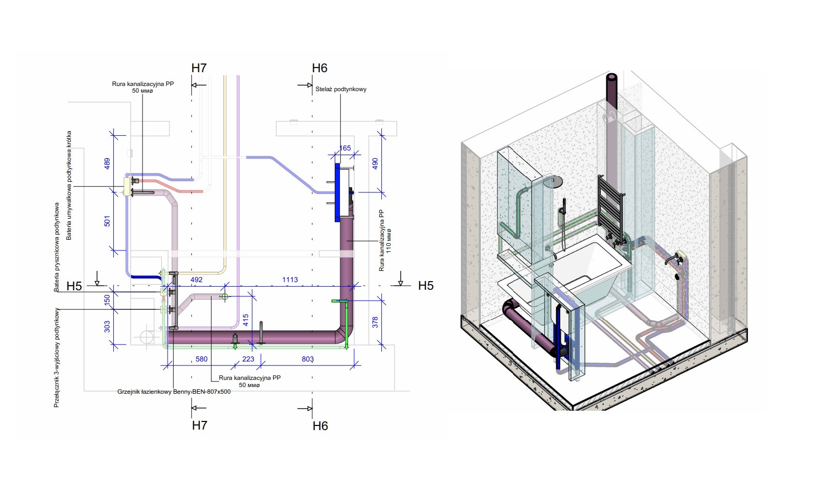 Schemat instalacji wodno-kanalizacyjnej w łazience z wymiarami, uwzględniający podtynkowy stelaż, grzejnik drabinkowy i baterie.