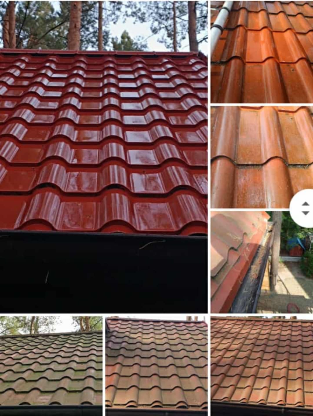 Czerwona dachówka ceramiczna po renowacji, widok z bliska. Porównanie stanu przed i po czyszczeniu, z widocznymi zabrudzeniami i odświeżonym kolorem.