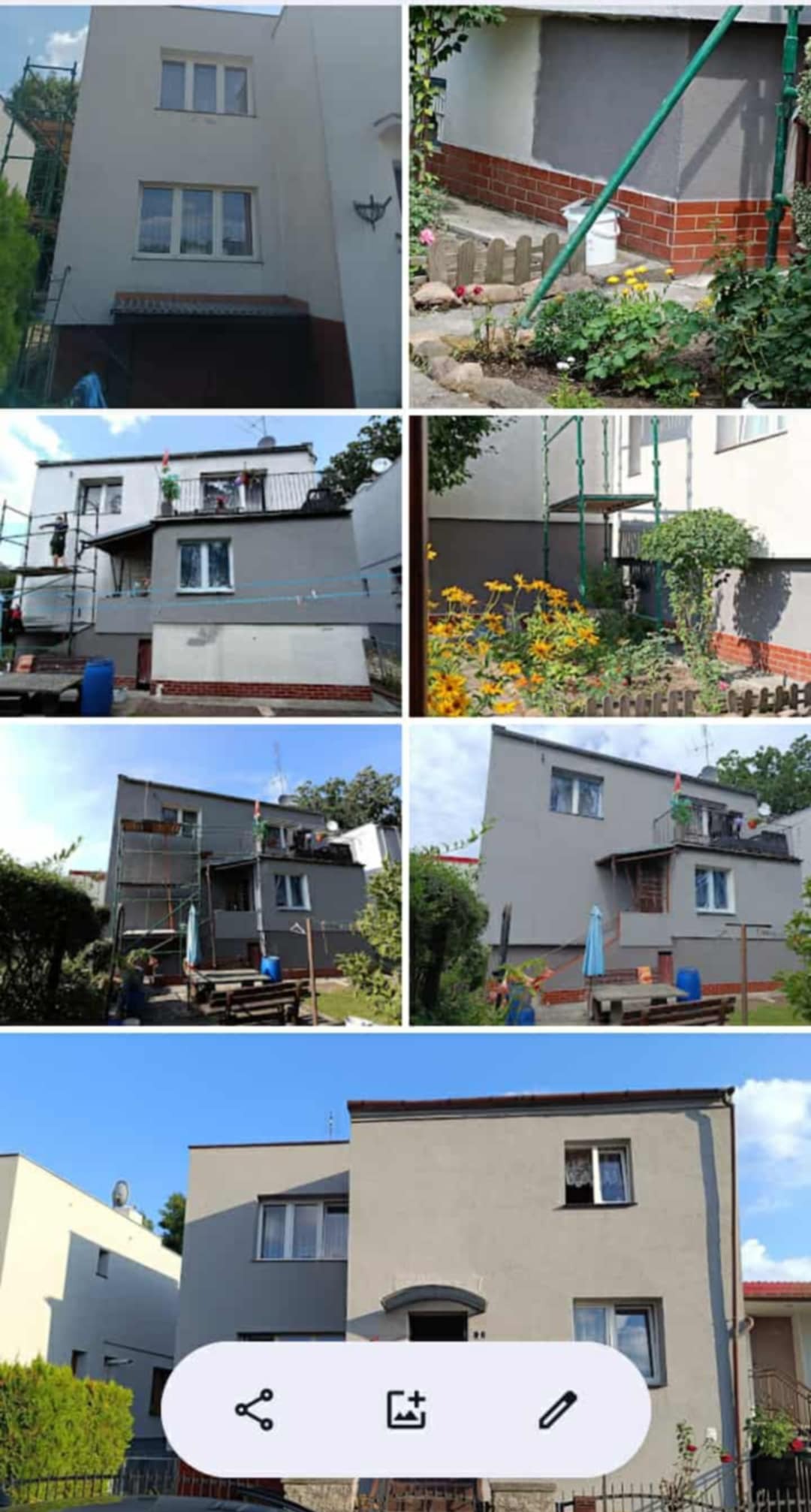 Sfotografowany z różnych perspektyw budynek po odświeżeniu elewacji, z widocznymi rusztowaniami i detalami wykończenia.