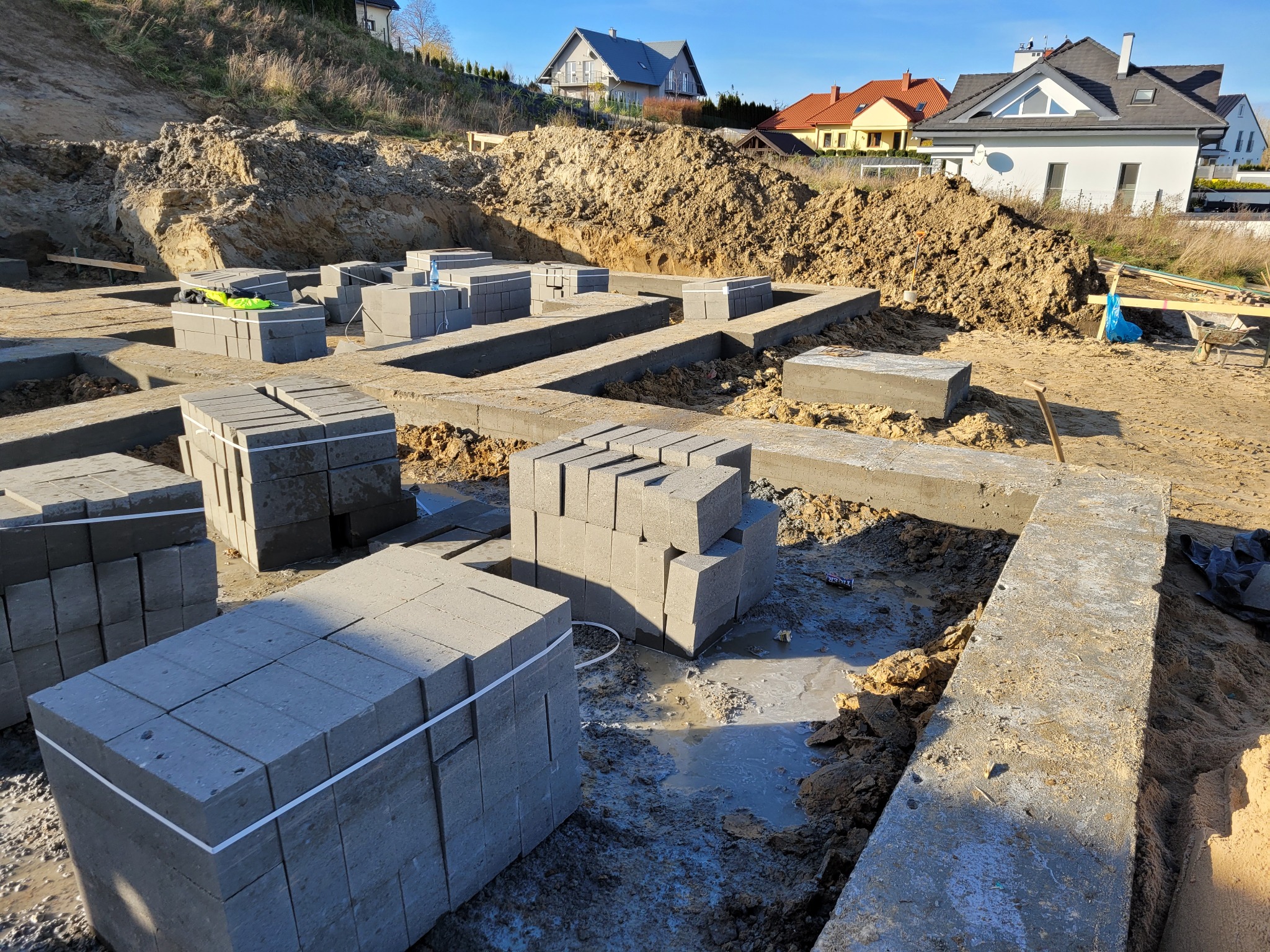 Fundamenty domu w trakcie budowy: betonowe ławy fundamentowe, bloczki betonowe, wykop, w tle zabudowa jednorodzinna, słoneczny dzień.