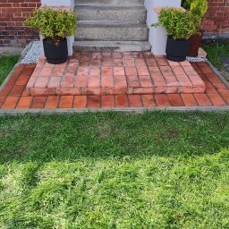 FIRMA OGÓLNOBUDOWLANA EMILIAN LISIEWICZ - Wejście do domu z ceglanym podestem i schodami, ozdobione roślinami w donicach. W tle różowe drzwi i wzorzyste płytki na podeście.