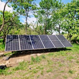 ELMAX SPÓŁKA Z OGRANICZONĄ ODPOWIEDZIALNOŚCIĄ - Rząd paneli słonecznych ustawionych na metalowej konstrukcji na trawiastym terenie, otoczony drzewami owocowymi w słoneczny dzień.