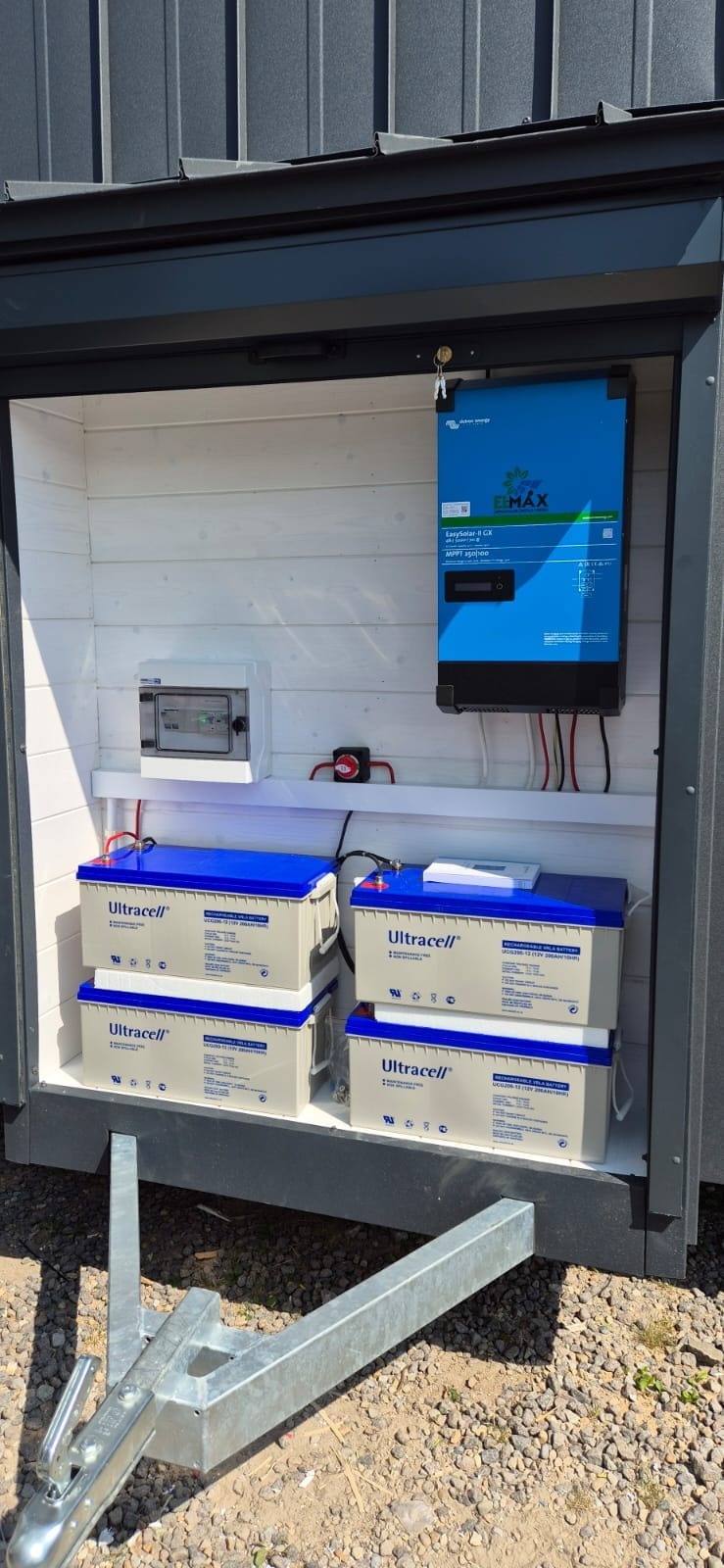 Wnętrze mobilnej instalacji fotowoltaicznej z magazynem energii: cztery akumulatory Ultracell, inwerter EMAX na ścianie, bezpieczniki i wyłącznik prądu umieszczone wewnątrz przyczepki.